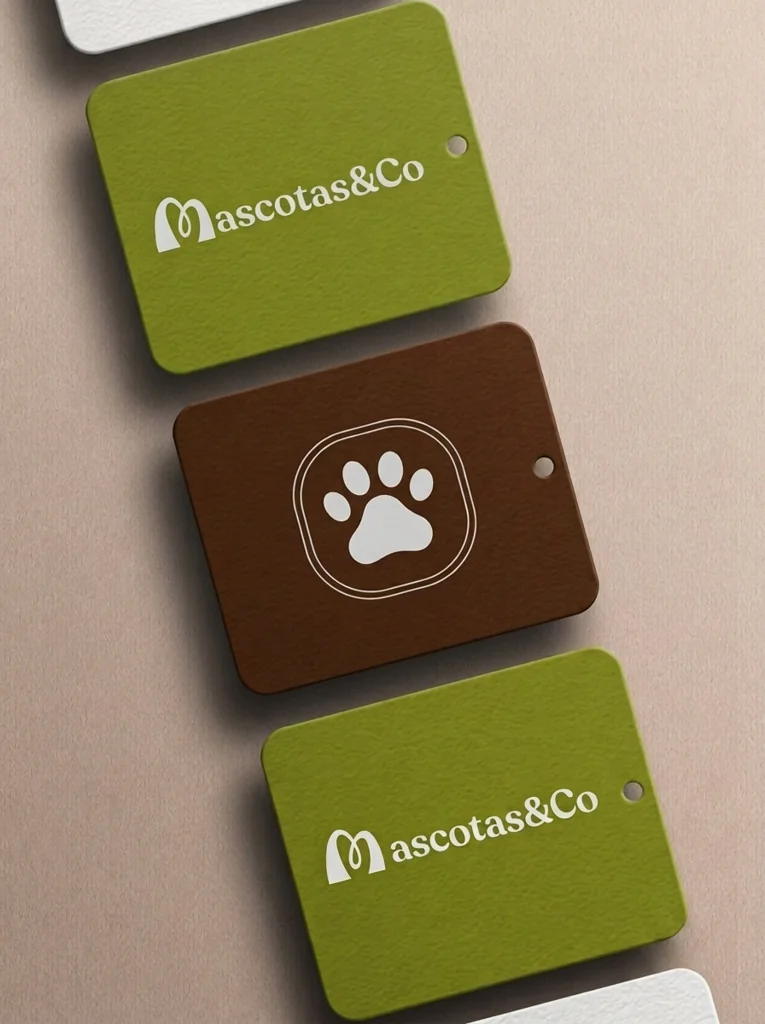 Etiquetas colgantes de Mascotas & Co en verde y marrón con una huella