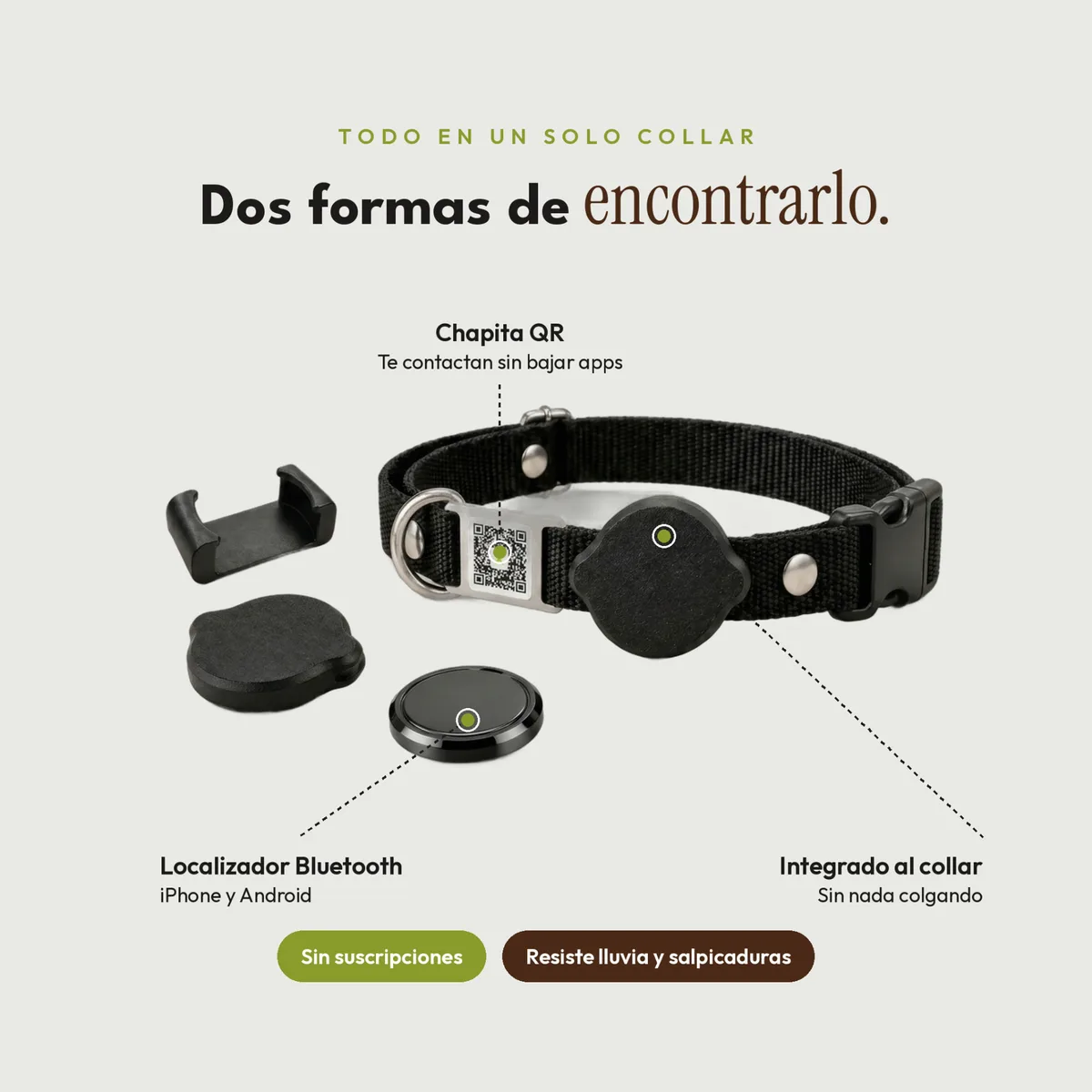 Collar negro y piezas del rastreador desmontadas sobre fondo claro, con las medidas indicadas