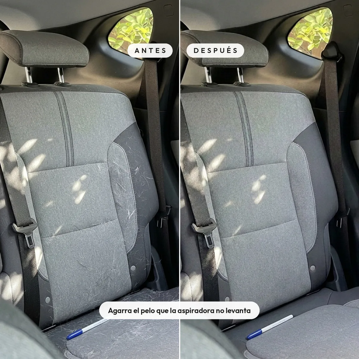 Asiento trasero de auto con pelos y el mismo asiento limpio, antes y después de usar la manopla