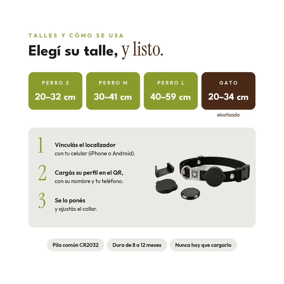 Tabla de talles e instructivo en 3 pasos del collar rastreador, con la batería al pie