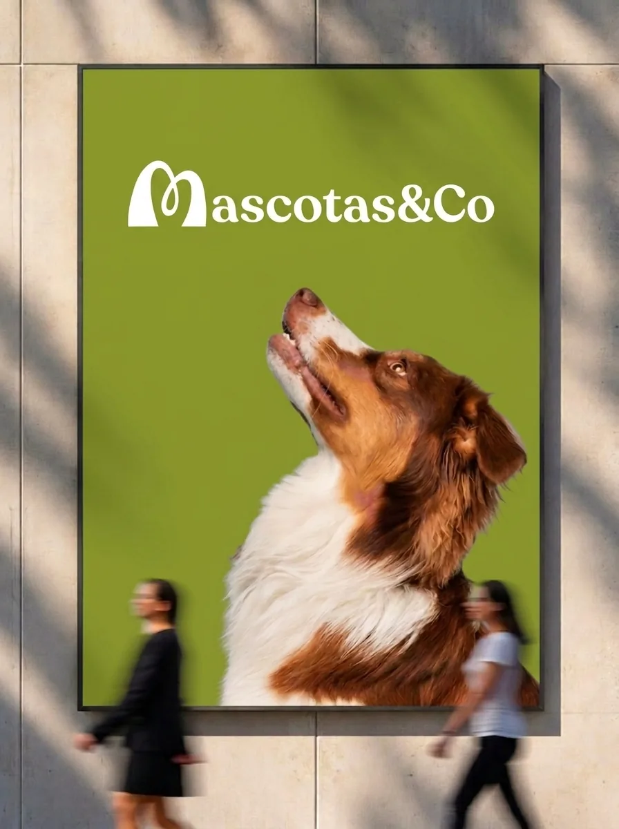 Perro marrón y blanco en un cartel de Mascotas & Co sobre fondo verde